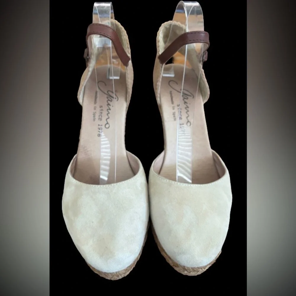 Giamo Anthro beige suede 3” wedge heel espadrilles w brwn lthr strp SZ 8 coastal